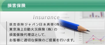 損害保険：損害保険ジャパン（株）東京海上日動火災保険（株）の損害保険代理店として、お客様に適切な保険のご提案を行います。